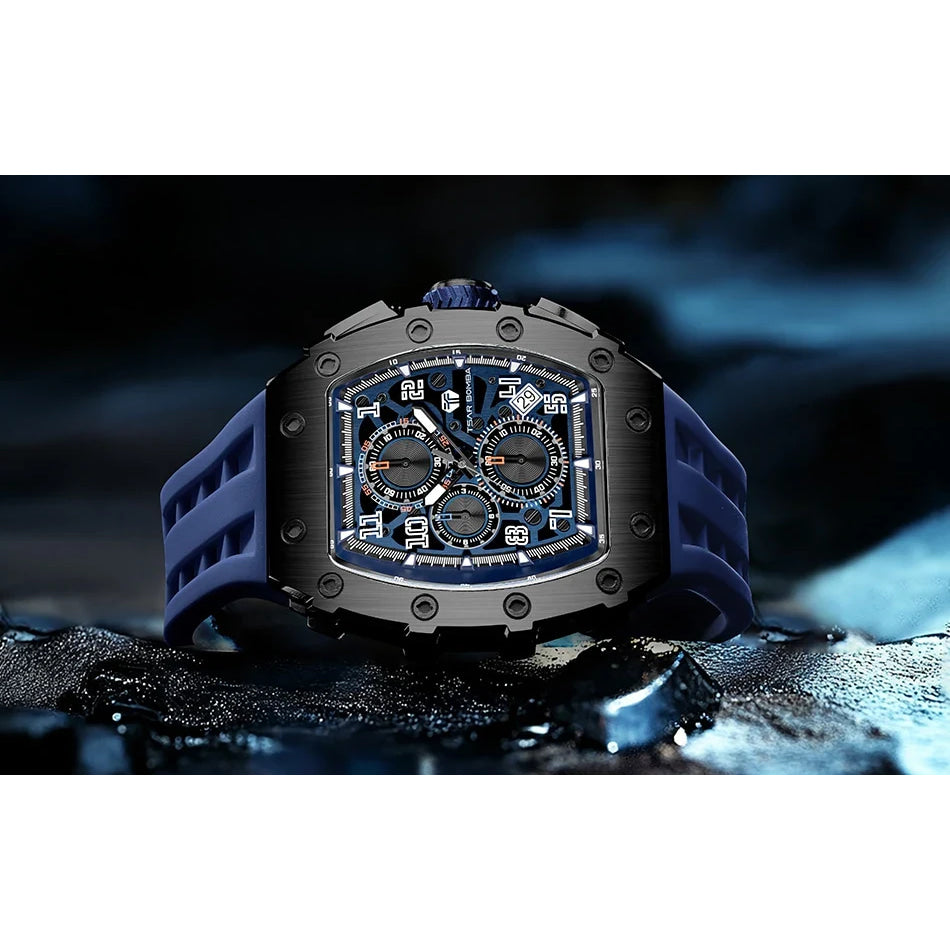 TSAR BOMBA Watch for Men Luxury Brand Tonneau Design Waterproof Clock Stainless Steel Wristwatch Fashion Rectangle Mens Watch
