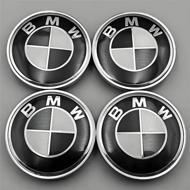 Car Black White BMW Logo Front Hood Emblem 82mm Rear Badge 74mm Wheel Hub Cap 60mm steering wheel sticker 45mm Accessories