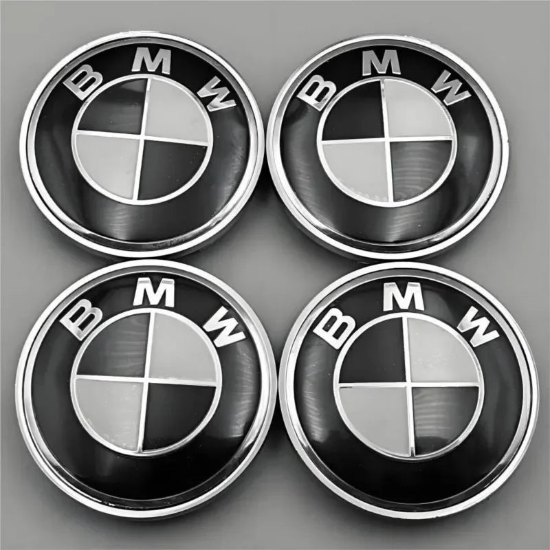 Car Black White BMW Logo Front Hood Emblem 82mm Rear Badge 74mm Wheel Hub Cap 60mm steering wheel sticker 45mm Accessories