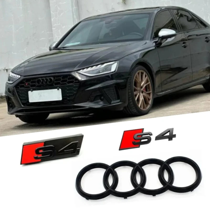 ABS 4-Ring Bright Black Car Hood Front Grill Emblem Rear Trunk Badge V6T Sticker Modified Accessories for Audi S4 2020-2024