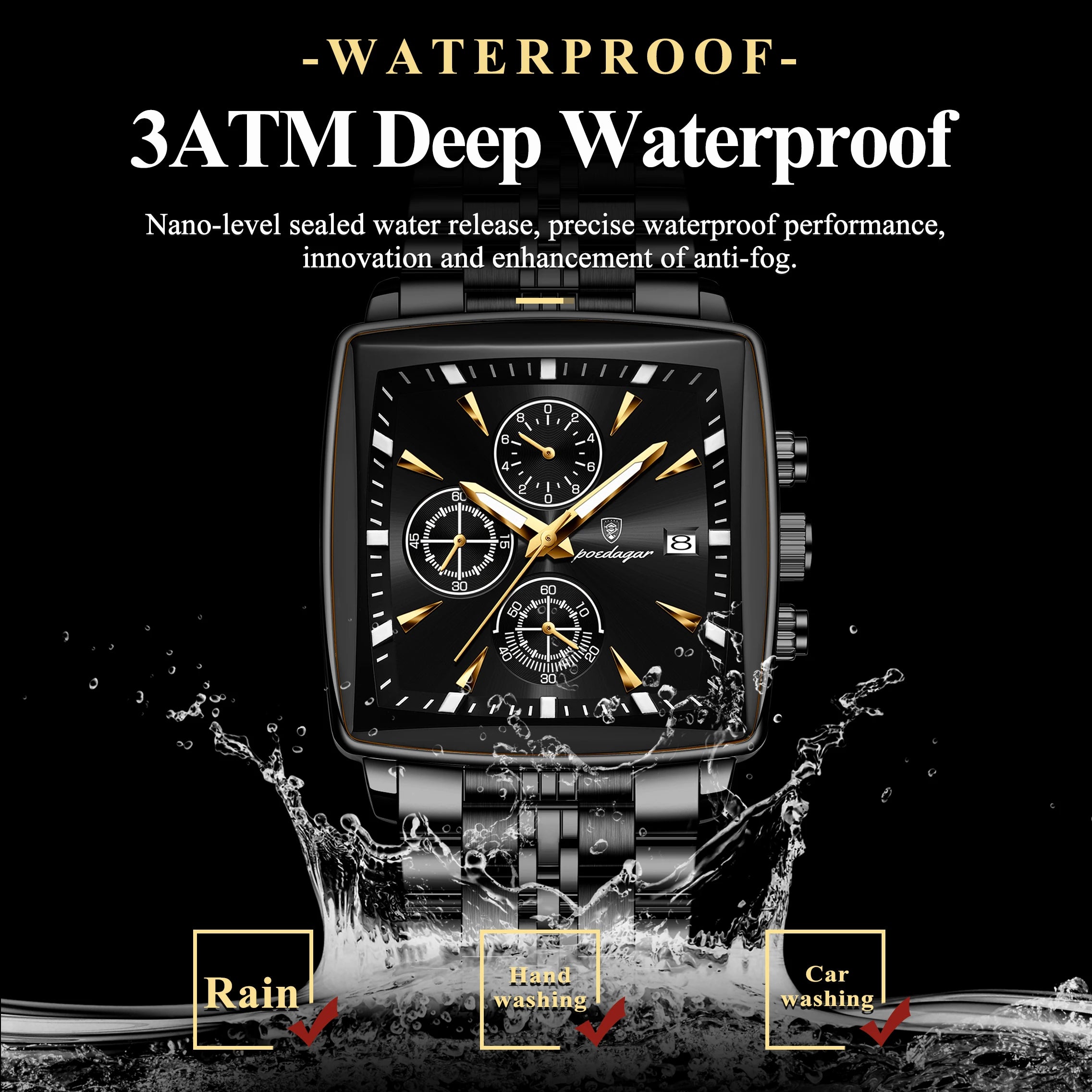 POEDAGAR Business Men Clock Waterproof Luminous Calendar Chronograph Square Man Watch Stainless Steel Quartz Men's Watches Reloj