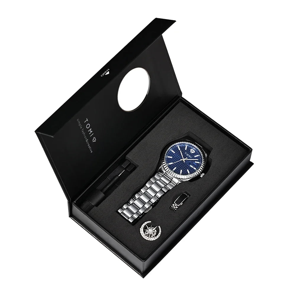 TOMI New Men's Watch Brooch Ring Gift Box Set Luxury Business Stainless Steel Strap Men's Calendar Casual Quartz Watch Reloj