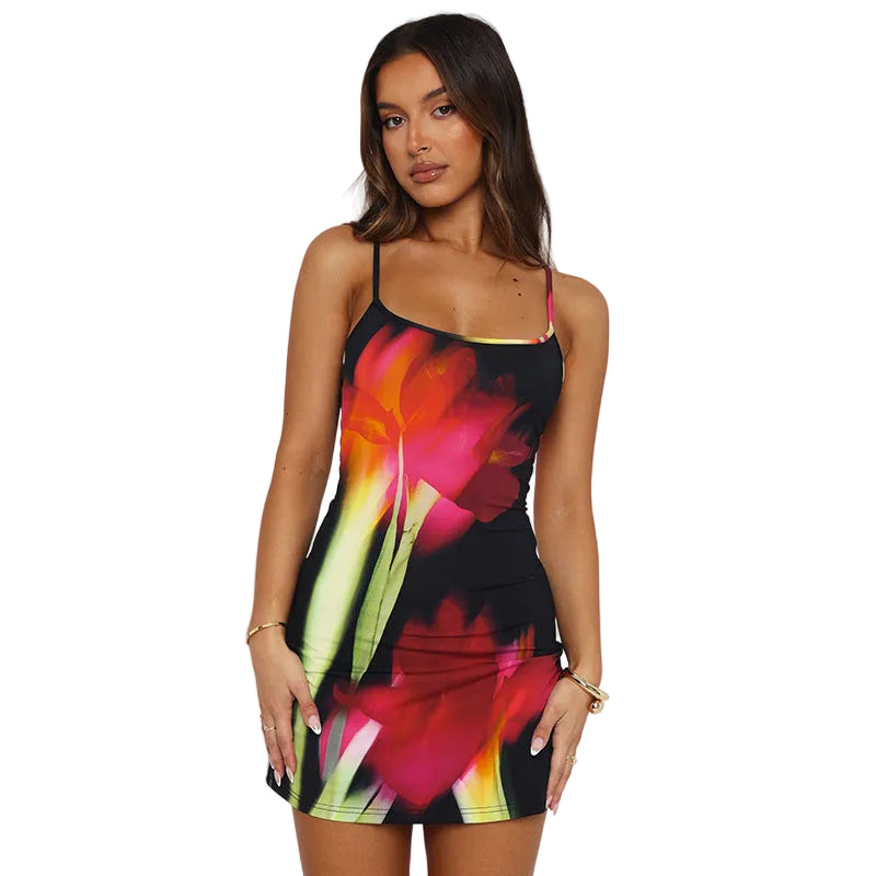 Summer Flowers Printed Suspender Dress Fashion Slim Square Neck Short Dresses Beach Clothing For Women