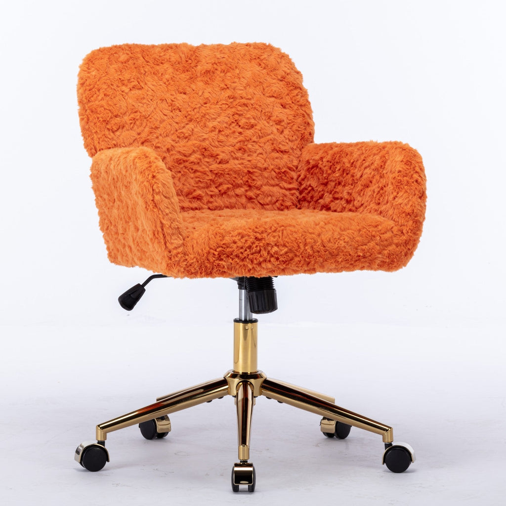 AA Furniture Office Chair,Artificial Rabbit Hair Home Office Chair With Golden Metal Base,Adjustable Desk Chair Swivel Office Chair,Vanity Chair Orange - VibraStore