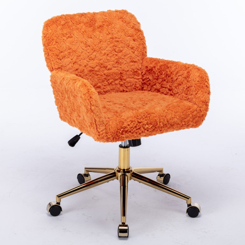 AA Furniture Office Chair,Artificial Rabbit Hair Home Office Chair With Golden Metal Base,Adjustable Desk Chair Swivel Office Chair,Vanity Chair Orange - VibraStore