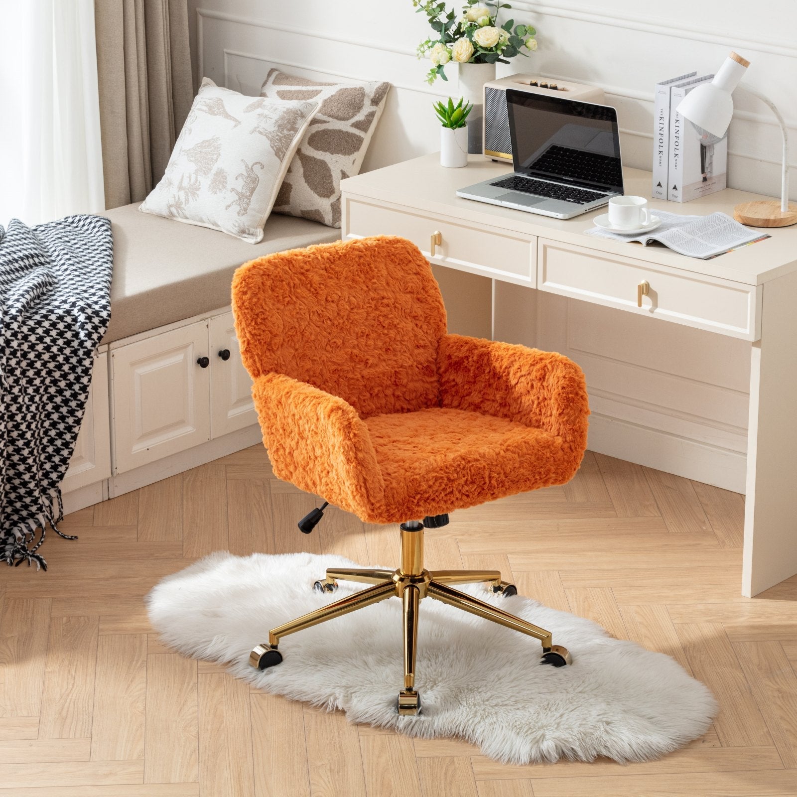 AA Furniture Office Chair,Artificial Rabbit Hair Home Office Chair With Golden Metal Base,Adjustable Desk Chair Swivel Office Chair,Vanity Chair Orange - VibraStore