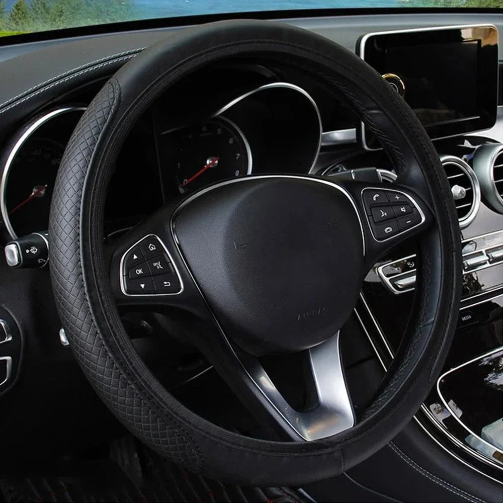 Automotive All Season Universal Steering Wheel Cover Artificial Leather Embossed Wear Resistant Elastic Automotive Interior - VibraStore