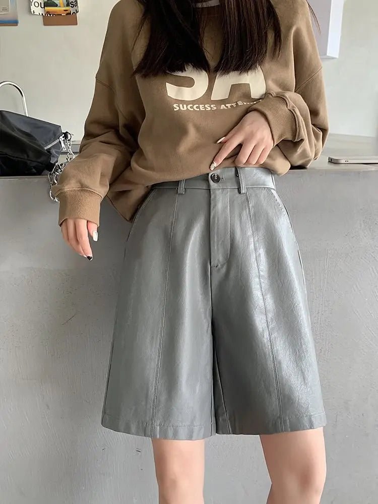 Autumn Winter Casual PU Leather Wide Leg Short Pants For Women High Waist Loose Gray Knee Length Washed Leather Shorts Lady - VibraStore