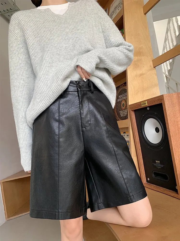 Autumn Winter Casual PU Leather Wide Leg Short Pants For Women High Waist Loose Gray Knee Length Washed Leather Shorts Lady - VibraStore