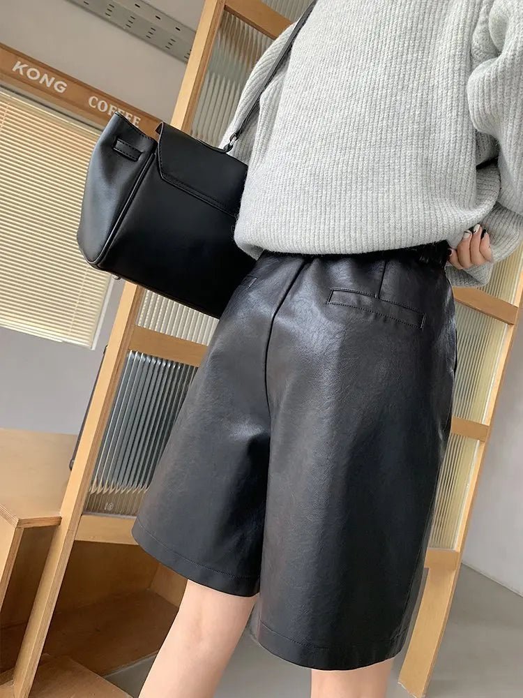 Autumn Winter Casual PU Leather Wide Leg Short Pants For Women High Waist Loose Gray Knee Length Washed Leather Shorts Lady - VibraStore