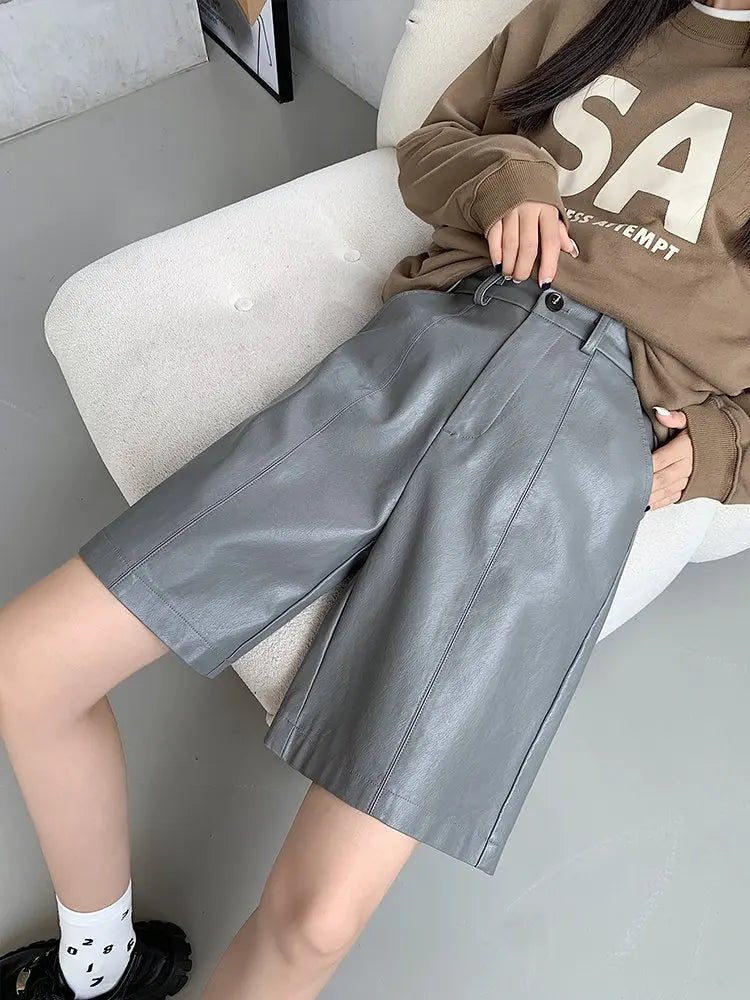 Autumn Winter Casual PU Leather Wide Leg Short Pants For Women High Waist Loose Gray Knee Length Washed Leather Shorts Lady - VibraStore