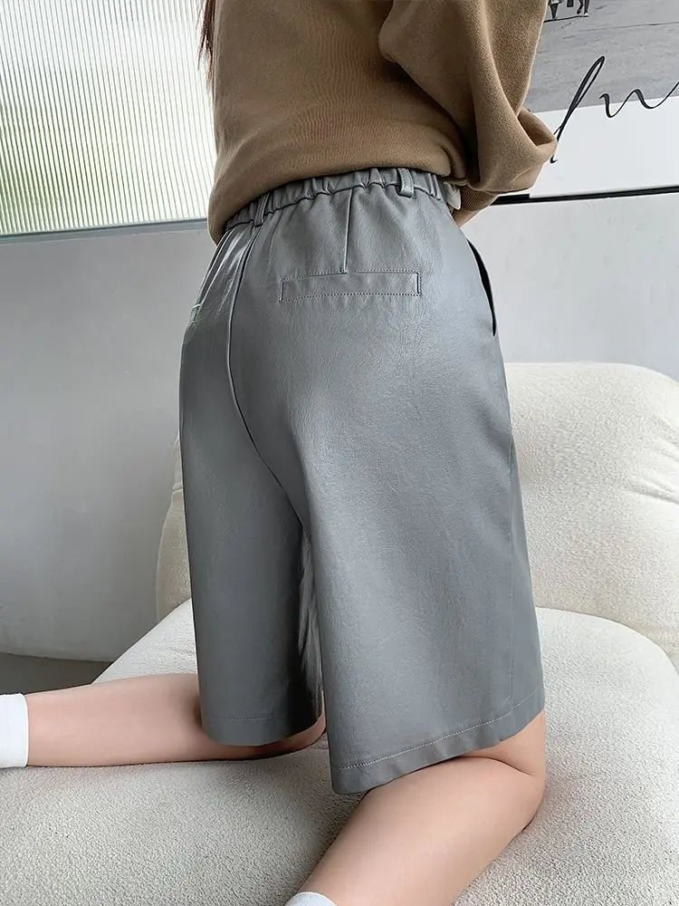 Autumn Winter Casual PU Leather Wide Leg Short Pants For Women High Waist Loose Gray Knee Length Washed Leather Shorts Lady - VibraStore