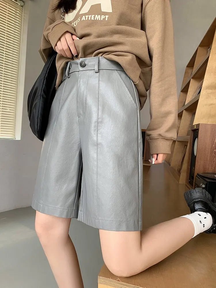 Autumn Winter Casual PU Leather Wide Leg Short Pants For Women High Waist Loose Gray Knee Length Washed Leather Shorts Lady - VibraStore