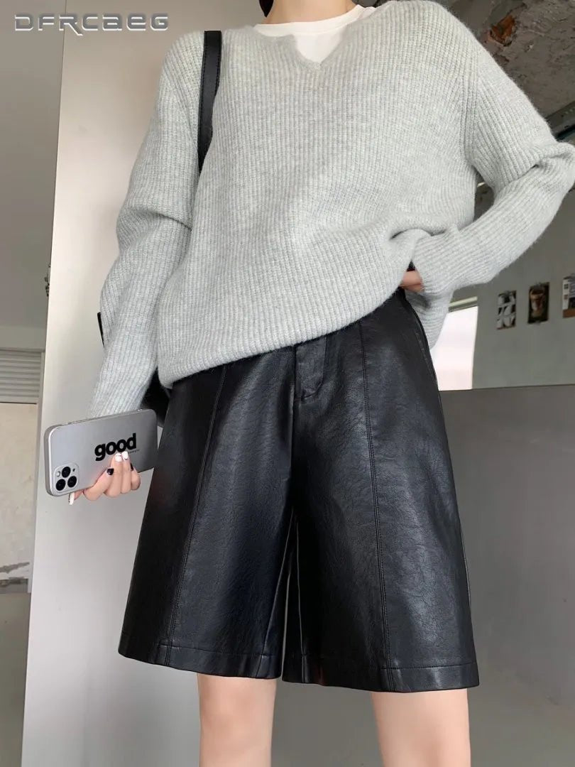 Autumn Winter Casual PU Leather Wide Leg Short Pants For Women High Waist Loose Gray Knee Length Washed Leather Shorts Lady - VibraStore