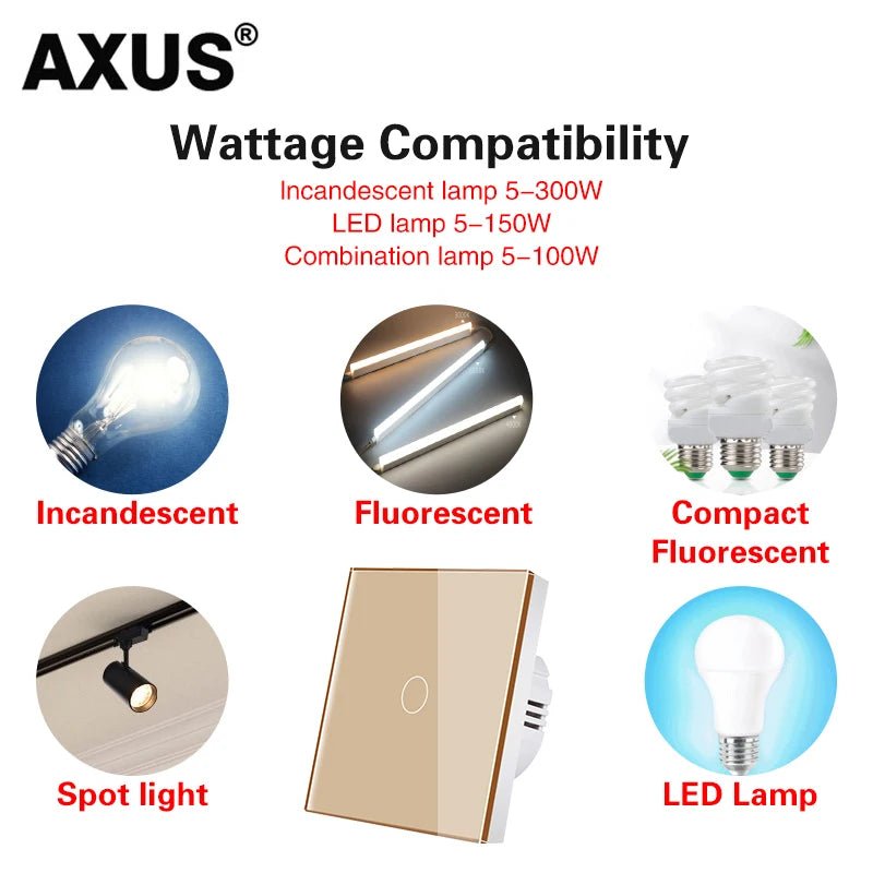 AXUS EU Touch Switch Led Panel Wall Light Switches Tempered Crystal Glass Lamp Sensor Switch 1/2/3 Gang Interruttore AC100 - 240V - VibraStore