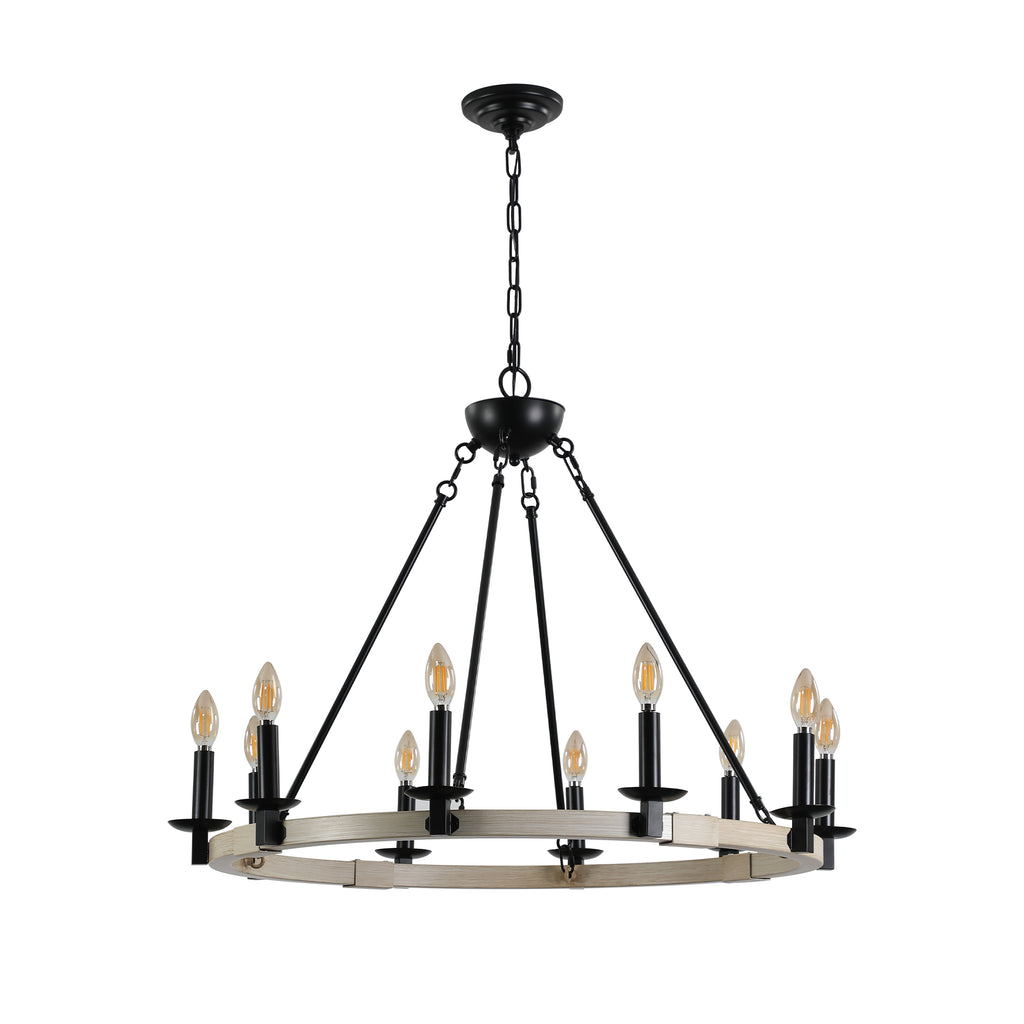 32  Rustic Farmhouse 10-Light Candle Chandelier, Black Metal And Wood Round Hanging Light Fixture For Dining Room, Kitchen, Living Room, Adjustable Height, E12 Bulb Base  No Bulbs