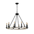 32  Rustic Farmhouse 10-Light Candle Chandelier, Black Metal And Wood Round Hanging Light Fixture For Dining Room, Kitchen, Living Room, Adjustable Height, E12 Bulb Base  No Bulbs