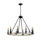 32  Rustic Farmhouse 10-Light Candle Chandelier, Black Metal And Wood Round Hanging Light Fixture For Dining Room, Kitchen, Living Room, Adjustable Height, E12 Bulb Base  No Bulbs