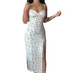 Lace Flowers Print Long Dress Sexy Fashion Slit Suspender Dress Summer Womens Clothing