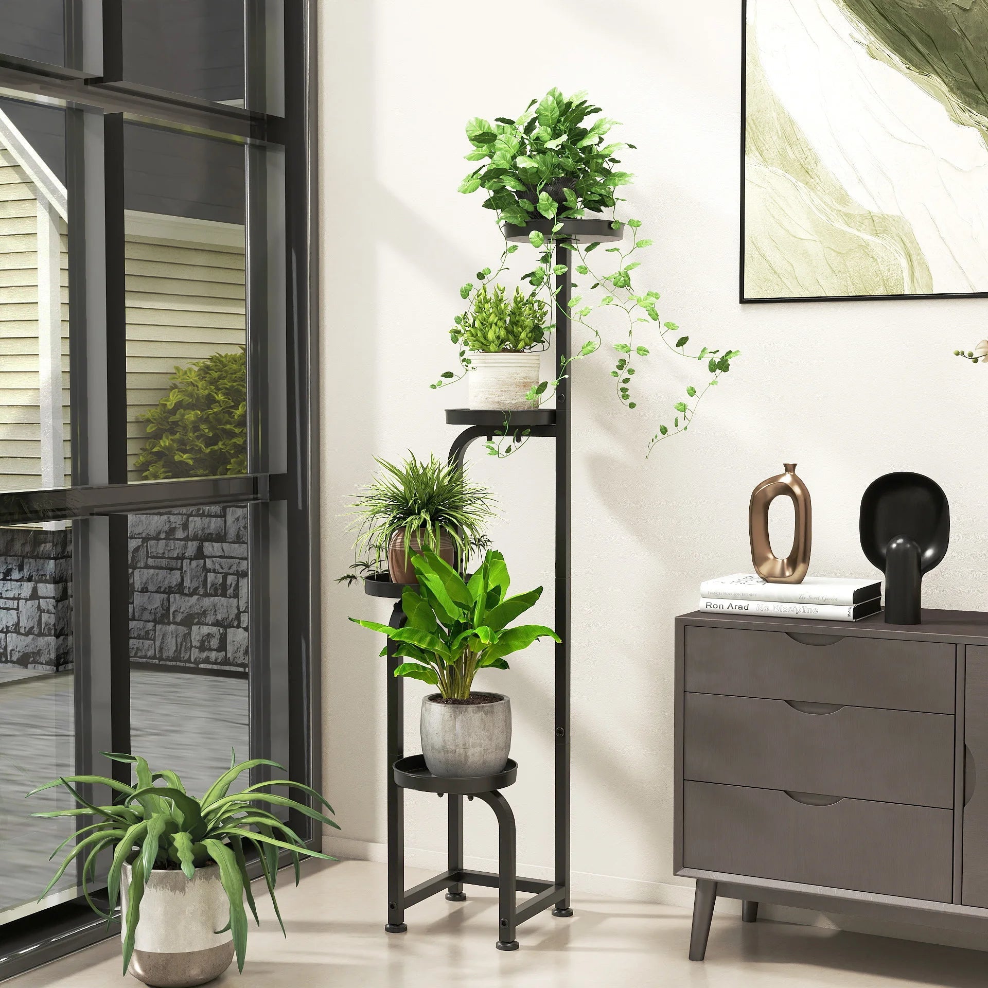 Bamworld Tall 4 Tier Corner Metal Plant Stand Indoor Outdoor Heavy Duty Flower Pot Shelf Patio Garden Balcony Living Room - VibraStore