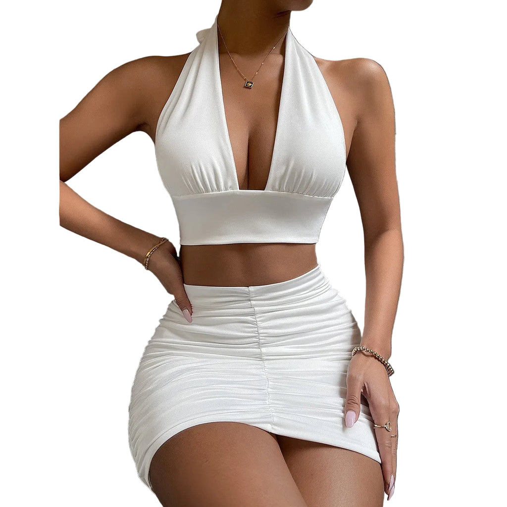 2pcs Dress Suits For Women Halter Lace-up Hip Top And Pleated Hip-covering Skirt