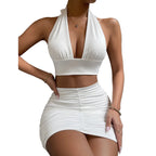 2pcs Dress Suits For Women Halter Lace-up Hip Top And Pleated Hip-covering Skirt