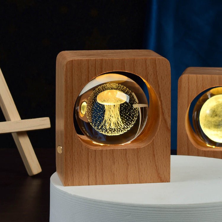 Beech Crystal Ball Night Light 3D Laser Engraving Elk Jellyfish LED Nightlights USB Dimmable Lamp For Bedroom Decoration Gifts Home Decor - VibraStore