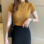 Blusa de manga corta para mujer, camisa de punto con cuello alto, moda de verano, DF4908 - VibraStore