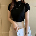 Blusa de manga corta para mujer, camisa de punto con cuello alto, moda de verano, DF4908 - VibraStore