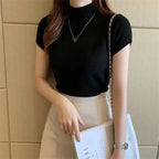 Blusa de manga corta para mujer, camisa de punto con cuello alto, moda de verano, DF4908 - VibraStore