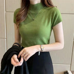 Blusa de manga corta para mujer, camisa de punto con cuello alto, moda de verano, DF4908 - VibraStore