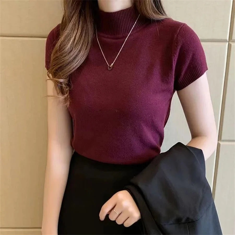 Blusa de manga corta para mujer, camisa de punto con cuello alto, moda de verano, DF4908 - VibraStore