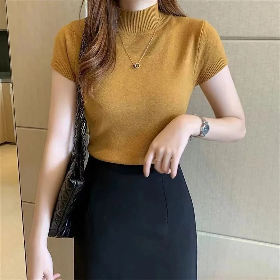 Blusa de manga corta para mujer, camisa de punto con cuello alto, moda de verano, DF4908 - VibraStore