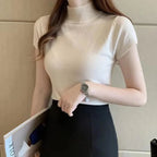 Blusa de manga corta para mujer, camisa de punto con cuello alto, moda de verano, DF4908 - VibraStore