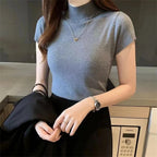 Blusa de manga corta para mujer, camisa de punto con cuello alto, moda de verano, DF4908 - VibraStore
