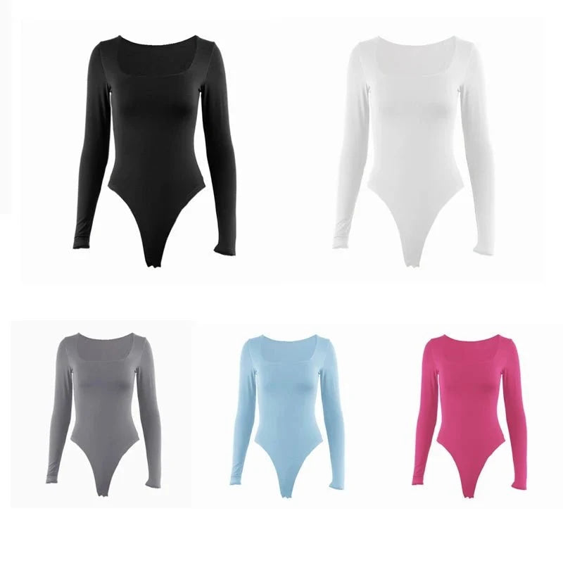 Body de manga larga para mujer, pelele elástico liso con cuello de corte cuadrado, ropa Sexy Y2k para fiesta y Club de moda, primavera 2025, 2520 - VibraStore