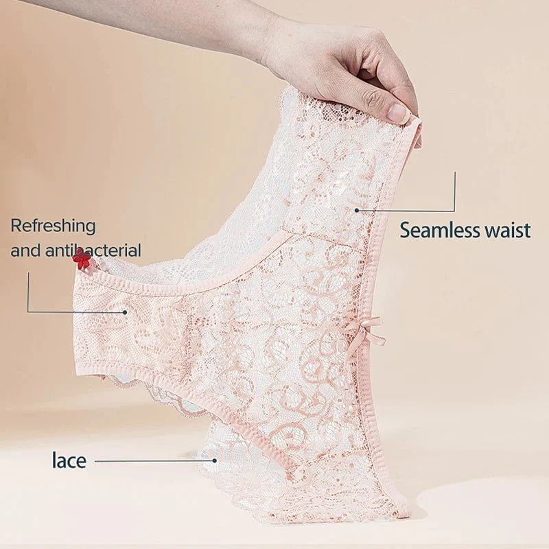 Bragas de encaje de tiro bajo para mujer, ropa interior calada sin costuras, calzoncillos florales suaves, lencería Sexy sólida a la moda, 3 uds. - VibraStore