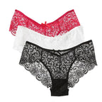 Bragas de encaje de tiro bajo para mujer, ropa interior calada sin costuras, calzoncillos florales suaves, lencería Sexy sólida a la moda, 3 uds. - VibraStore