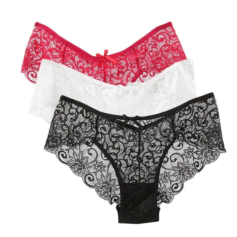 Bragas de encaje de tiro bajo para mujer, ropa interior calada sin costuras, calzoncillos florales suaves, lencería Sexy sólida a la moda, 3 uds. - VibraStore
