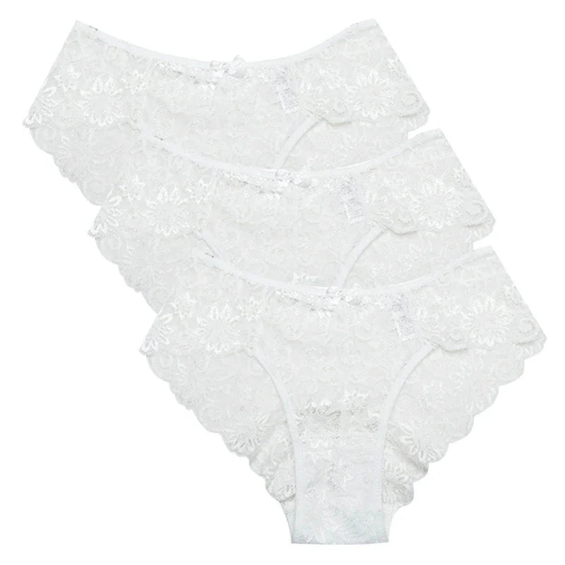 Bragas de encaje de tiro bajo para mujer, ropa interior calada sin costuras, calzoncillos florales suaves, lencería Sexy sólida a la moda, 3 uds. - VibraStore