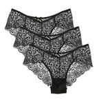 Bragas de encaje de tiro bajo para mujer, ropa interior calada sin costuras, calzoncillos florales suaves, lencería Sexy sólida a la moda, 3 uds. - VibraStore