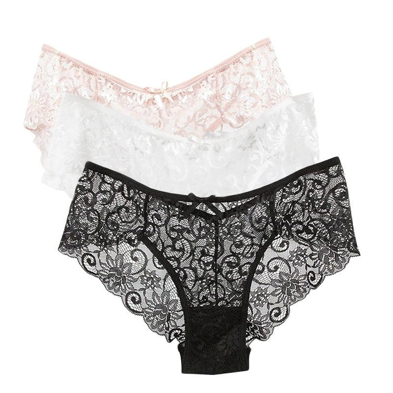 Bragas de encaje de tiro bajo para mujer, ropa interior calada sin costuras, calzoncillos florales suaves, lencería Sexy sólida a la moda, 3 uds. - VibraStore