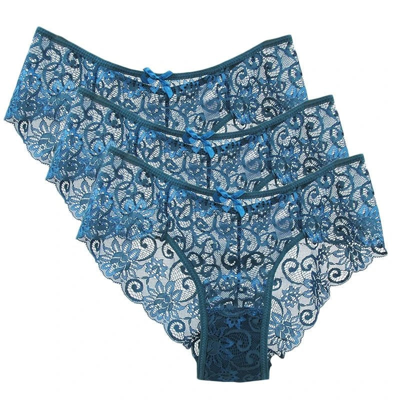Bragas de encaje de tiro bajo para mujer, ropa interior calada sin costuras, calzoncillos florales suaves, lencería Sexy sólida a la moda, 3 uds. - VibraStore