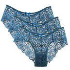 Bragas de encaje de tiro bajo para mujer, ropa interior calada sin costuras, calzoncillos florales suaves, lencería Sexy sólida a la moda, 3 uds. - VibraStore