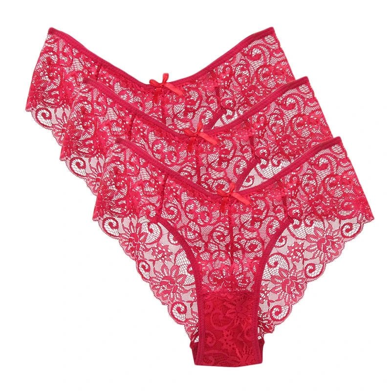 Bragas de encaje de tiro bajo para mujer, ropa interior calada sin costuras, calzoncillos florales suaves, lencería Sexy sólida a la moda, 3 uds. - VibraStore