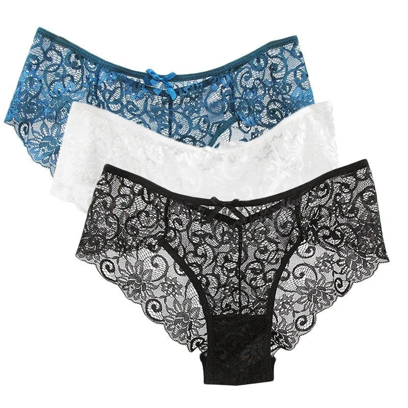 Bragas de encaje de tiro bajo para mujer, ropa interior calada sin costuras, calzoncillos florales suaves, lencería Sexy sólida a la moda, 3 uds. - VibraStore