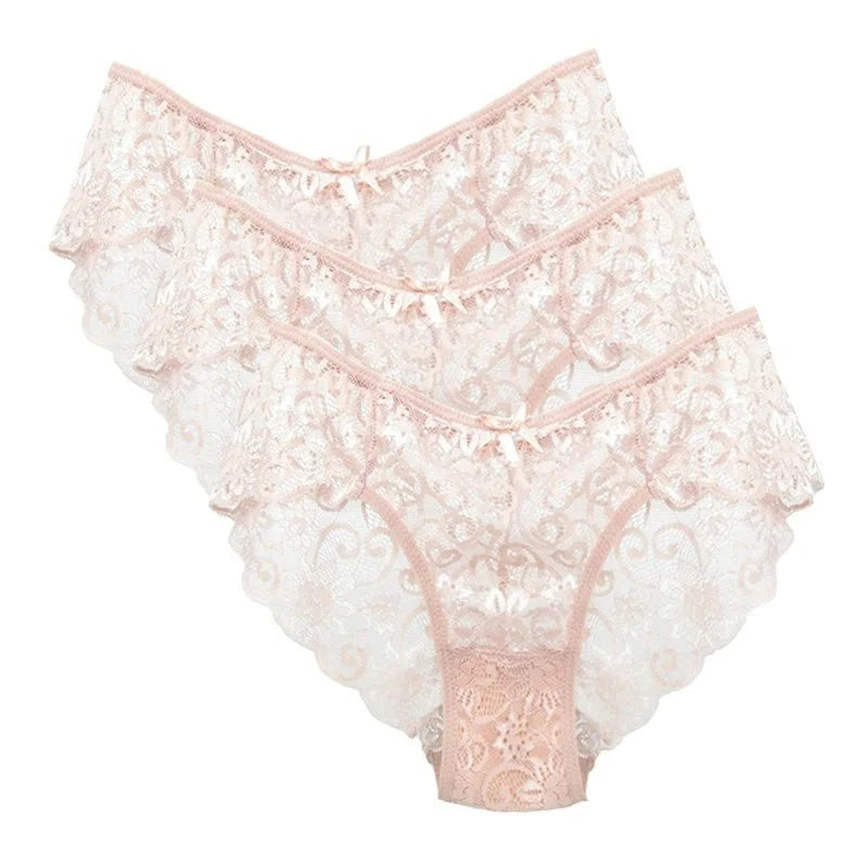 Bragas de encaje de tiro bajo para mujer, ropa interior calada sin costuras, calzoncillos florales suaves, lencería Sexy sólida a la moda, 3 uds. - VibraStore
