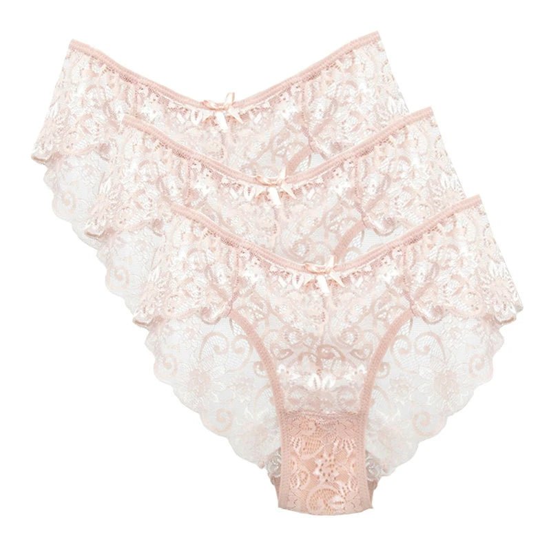 Bragas de encaje de tiro bajo para mujer, ropa interior calada sin costuras, calzoncillos florales suaves, lencería Sexy sólida a la moda, 3 uds. - VibraStore