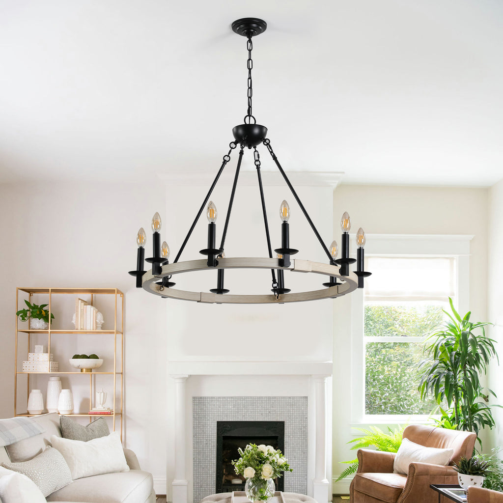 32  Rustic Farmhouse 10-Light Candle Chandelier, Black Metal And Wood Round Hanging Light Fixture For Dining Room, Kitchen, Living Room, Adjustable Height, E12 Bulb Base  No Bulbs