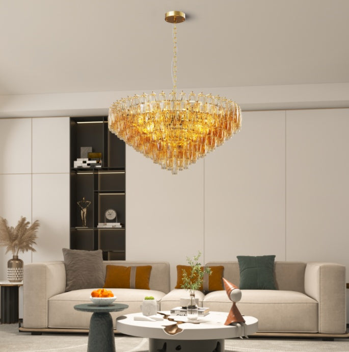 37 Extra Large Chandelier, 14-Light Gold Modern Round Chandelier For Living Room, Tiered Smoke Blown Glass Brass Chandeliers, Hanging Light Fixture For Bedroom, Dining Room, Foyer, Entryway